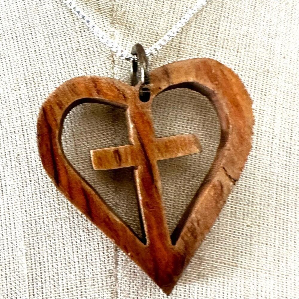 Heart Cross Wood Pendant necklace
